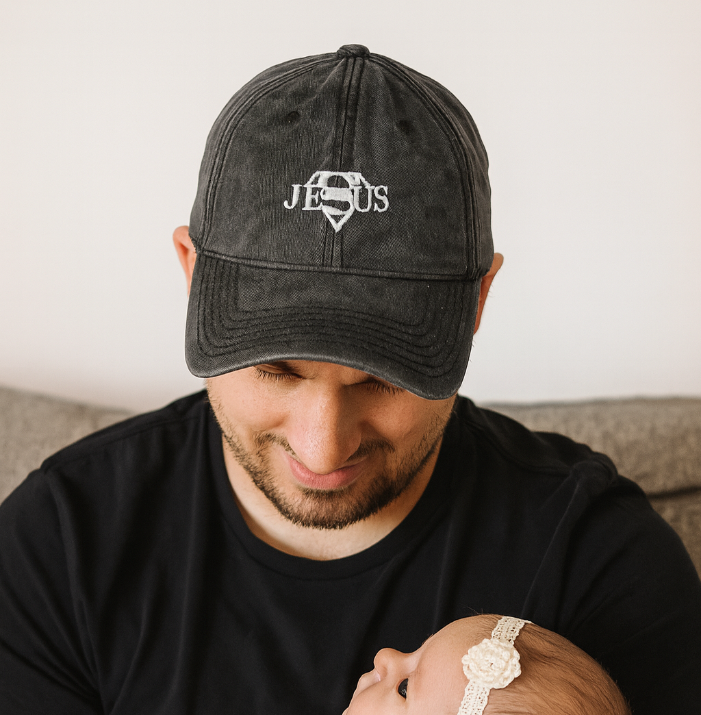 Jesus Superman Logo Embroidered Washed Black Dad Hat, Christian Baseball Cap, Faith Apparel Gift for Men and Women LAFH22